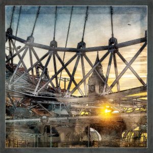 A view through the reels of the London Eye towards Big Ben during sunset, in solarization technique, London, Great Britain,
